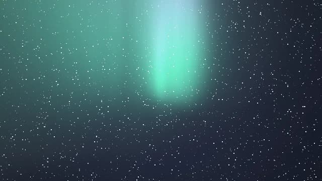 A volumetric aurora scene: green light curtains drifting over a dark starfield.
